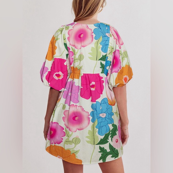 White Floral Print Split Neck Babydoll Dress Bohemian Mini - Picture 2 of 11